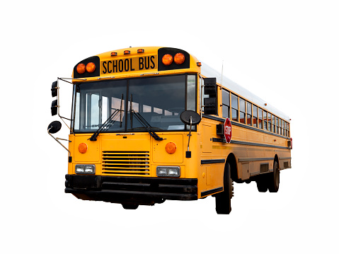 Old american yellow school bus isolated with clipping path