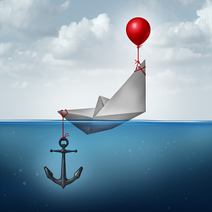 Business decision problem and inefficient strategy concept as a paper boat being lifted and drowned simultaneously as a financial indecision icon with 3D illustration elements.