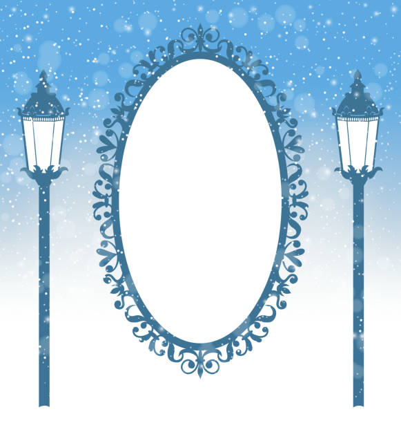 ilustrações, clipart, desenhos animados e ícones de dois inverno, postes de iluminação e quadros de neve em luz azul - mirror ornate silhouette vector