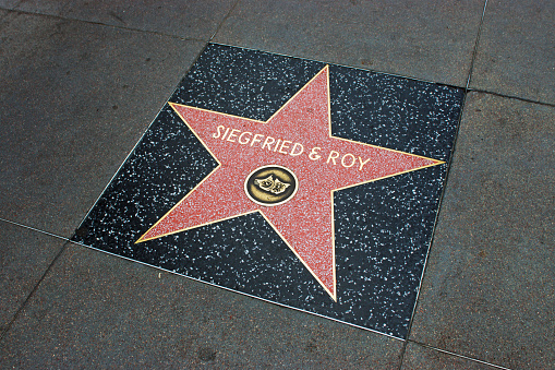 Los Angeles, USA - April 18, 2014: Siegfried and Roy star on Hollywood Walk of Fame in Hollywood, California. This star is located on Hollywood Blvd. and is one of over 2000 celebrity stars embedded in the sidewalk.