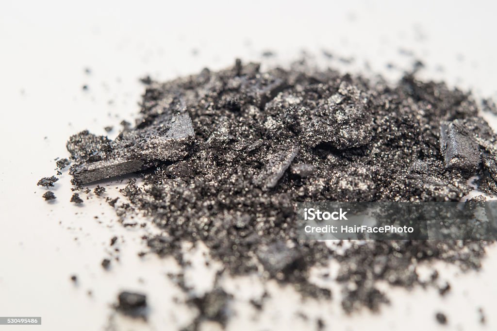 magnified black, grey shimmer eyeshadow powder magnified shot of grey/ steel / silver / gold shimmer eyeshadow crumbles Face Powder Stock Photo