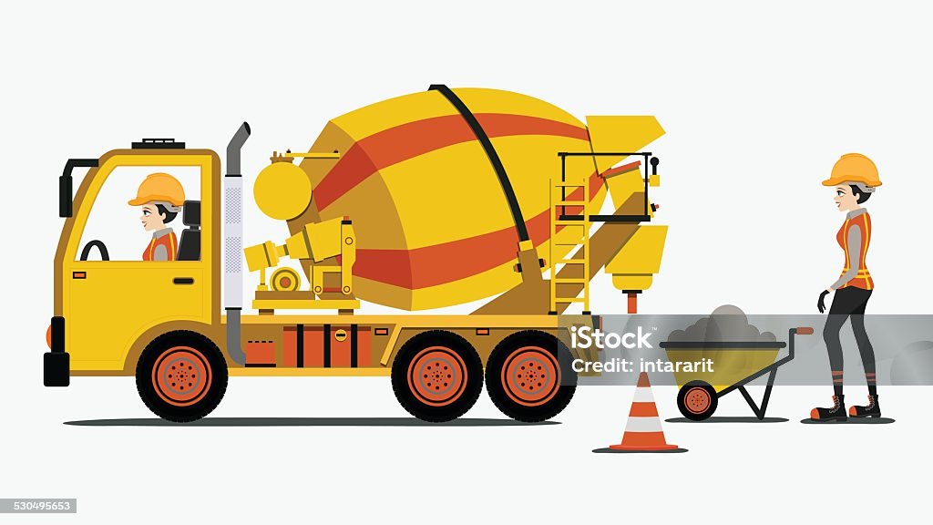 Cement truck Cement truck with female engineers and construction equipment. Construction Industry stock vector