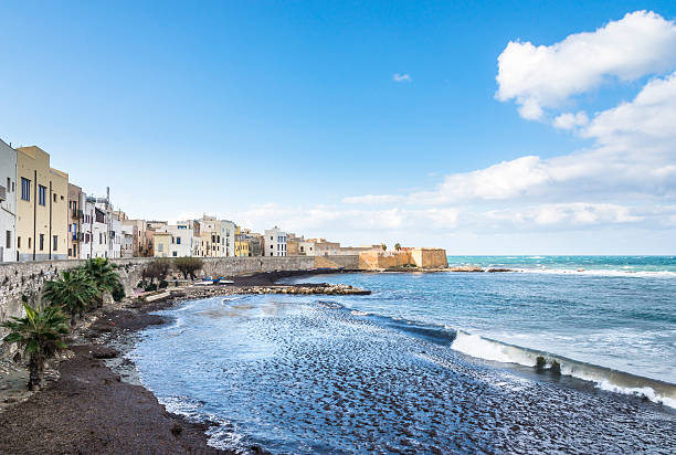 Panoramic view of the Trapani harbor with fisherman boats, Sicily, Italy.