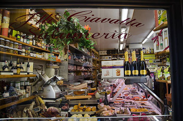 Rome, Italy - April 27, 2016: Food shop window at the street Via Del Lavatore. The photo is taken from the street.