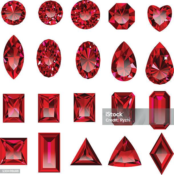 Set Of Realistic Red Rubies With Different Cuts Stock Illustration - Download Image Now - Ruby, Gemstone, Red