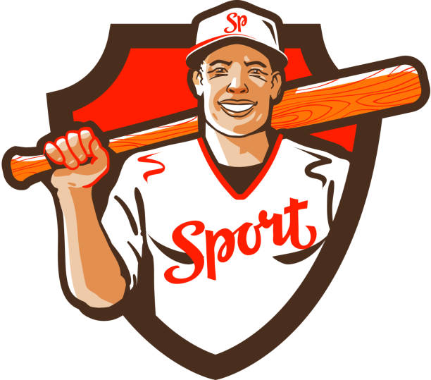 ilustraciones, imágenes clip art, dibujos animados e iconos de stock de de béisbol de historieta con el murciélago en cambio, ilustración de vectores - men baseball baseball cap baseball bat