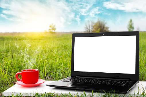 Laptop and cup of hot coffee with blank screen on the background picturesque nature, outdoor office. Travel concept. Business ideas. Choice of travel. Copy space. Online store.