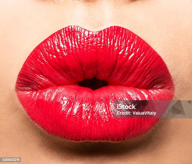 Womans Lips With Red Lipstick And Kiss Gesture Stock Photo - Download Image Now - Human Lips, Kissing, Red