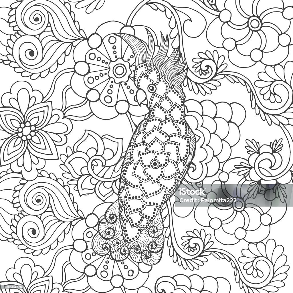 Cute cockatoo in fantasy flowers Hand drawn doodle. Ethnic patterned illustration. Sketch for avatar, tattoo, poster, print or t-shirt. Abstract stock vector