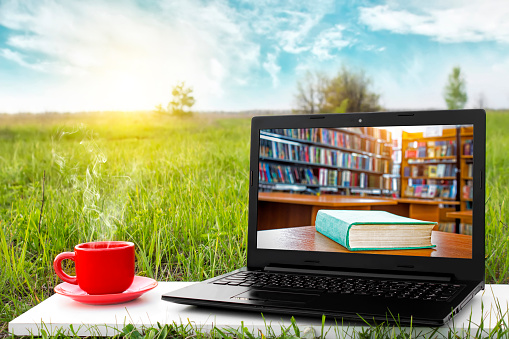 Laptop and cup of hot coffee on the background picturesque nature, outdoor office. E-book library concept with laptop computer and book. Old books on a wooden shelf. Travel concept. Business ideas.