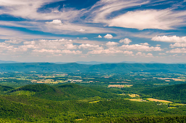 Afternoon view of the Shenandoah Valley from Great North Mountai Afternoon view of the Shenandoah Valley from Great North Mountain, in George Washington National Forest, VA. george washington national forest stock pictures, royalty-free photos & images