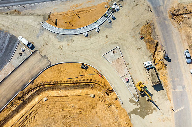 New road construction site aerial view stock photo