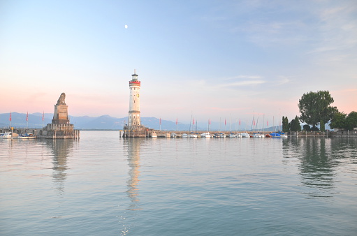 Scenic view on the entrance of the harbor in Lindau island on Lake Bodensee, Germany