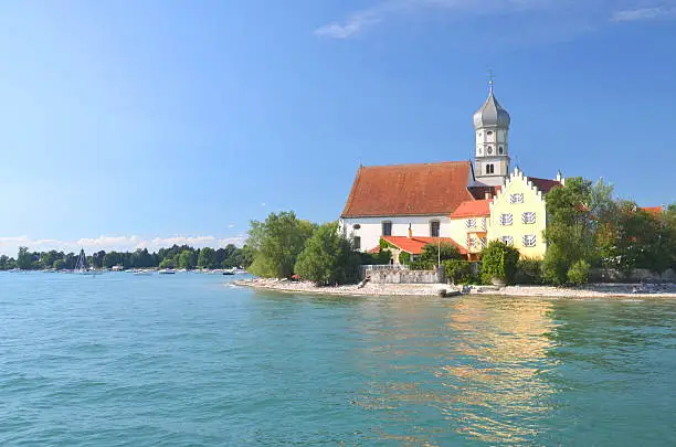 Picturesque view on church in Wasserburg on Lake Bodensee, Germany