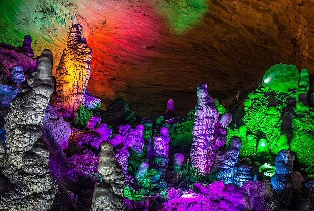 istock beautiful illuminated multicolored stalactites from karst Reed Flute cave. Guilin 530510006