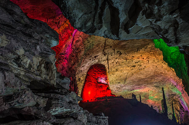 istock beautiful illuminated multicolored stalactites from karst Reed Flute cave. Guilin 530512514