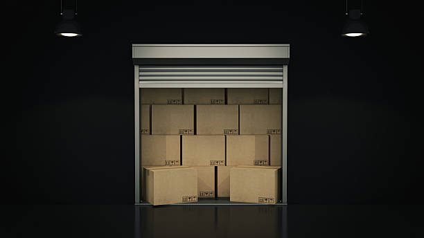 istock Shutter door or rolling door with cardboard boxes 3D 530513164