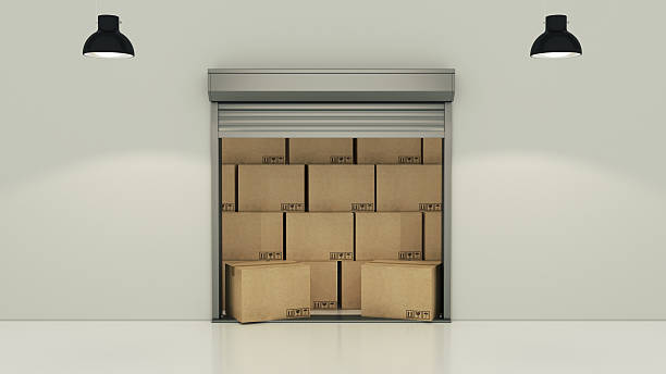 istock Shutter door or rolling door with cardboard boxes 3D 530513190