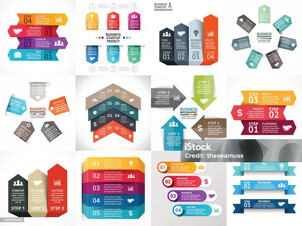 Vektor-Pfeile-Infografik, Diagramm, Diagramm, Präsentation, Flipchart. Geschäft startup-Konzept - Lizenzfrei Informationsgrafik Vektorgrafik