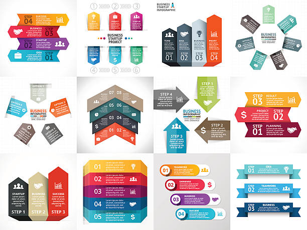 ilustrações de stock, clip art, desenhos animados e ícones de vector setas de infográfico, diagrama, gráfico, apresentação, gráfico. negócios conceito de arranque - diagram graph three dimensional shape chart