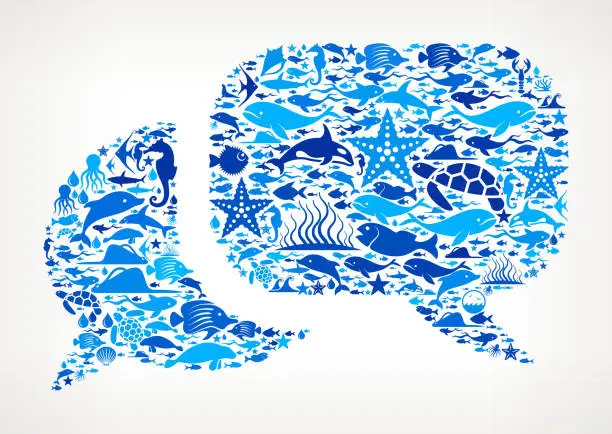 Vector illustration of Discussion Ocean and Marine Life Blue Icon Pattern