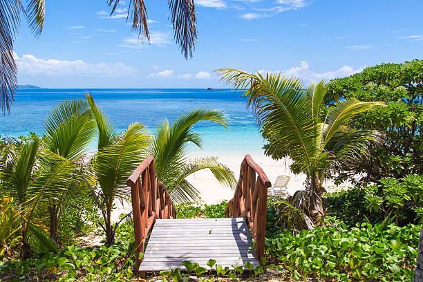 zugang zum strand auf einer tropischen insel - fidschi stock-fotos und bilder
