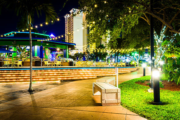 Walkway and restaurant at night in Tampa, Florida. stock photo