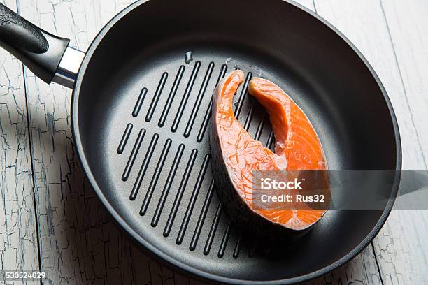 Fresh Salmon Steak On The Grill Pan Stock Photo - Download Image Now - Condiment, Crockery, Food