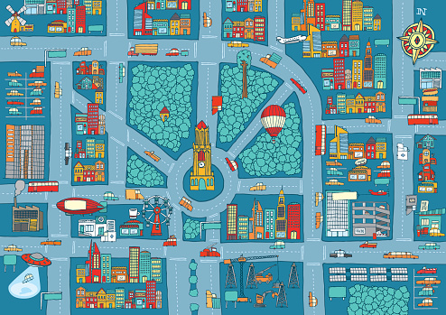 Cartoon illustration busy city full of cars and buildings