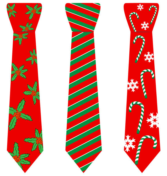 red Christmas ties with print on white Three red Christmas ties with print isolated on white background tie knots stock illustrations