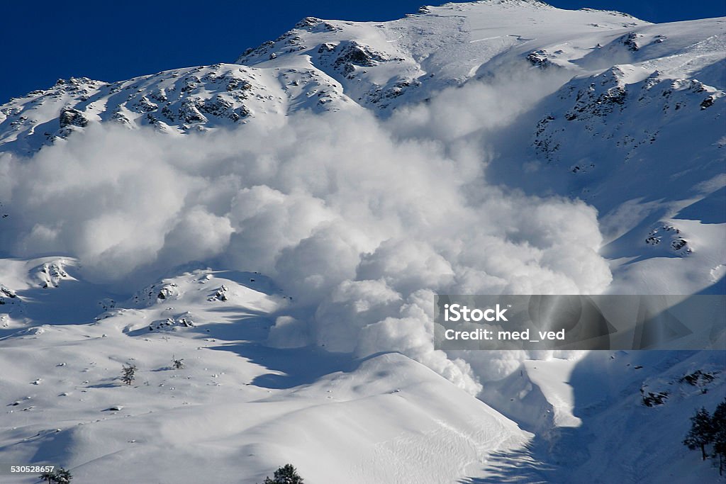 Dry snow avalanche with a powder cloud.Caucasus. Dry snow avalanche with a powder cloud close to the village Terskol, Elbrus region Avalanche Stock Photo