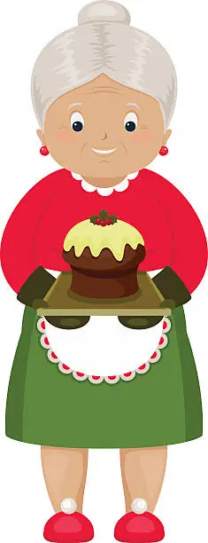 Vector illustration of Smiling grandmother with baked Christmas cake.