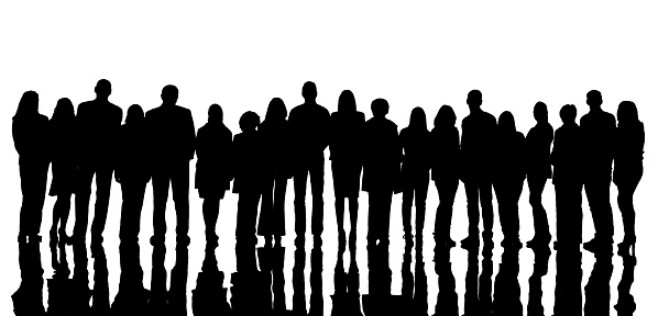 Silhouette of large group of people standing in a line. Isolated on white.