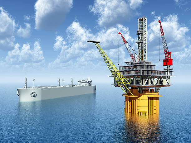 супертанкер и нефтяная платформа - oil rig oil well natural gas industrial ship стоковые фото и изображения