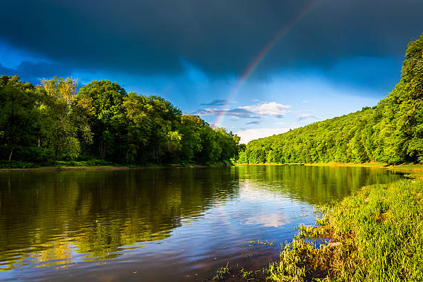 Rainbow over the Delaware River, at Delaware Water Gap National stock photo