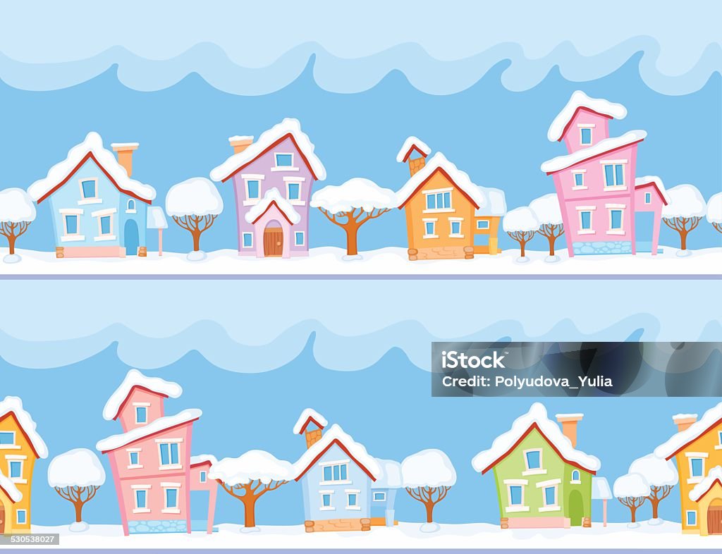 Childish seamless pattern with little snow-covered houses and trees Backgrounds stock vector