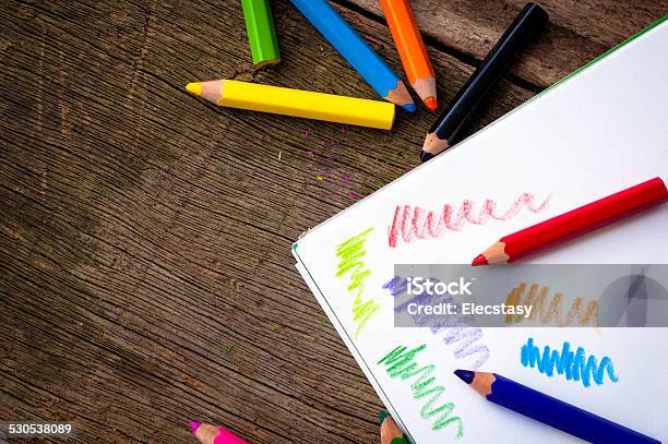 Bright Pencils On Wooden Background Stock Photo - Download Image Now - Blue, Brown, Crayon