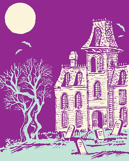 Vector illustration of Haunted House Under Full Moon