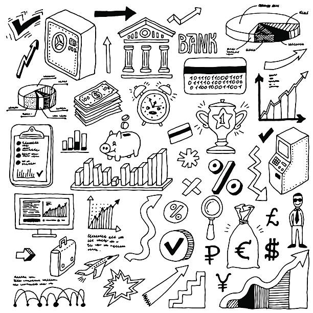 banking und finance doodle set. hand drawn. vektor-illustration. - kartenspiel grafiken stock-grafiken, -clipart, -cartoons und -symbole