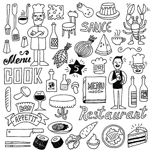 restaurant doodle set 2. hand drawn. vektor-illustration. - back seat stock-grafiken, -clipart, -cartoons und -symbole