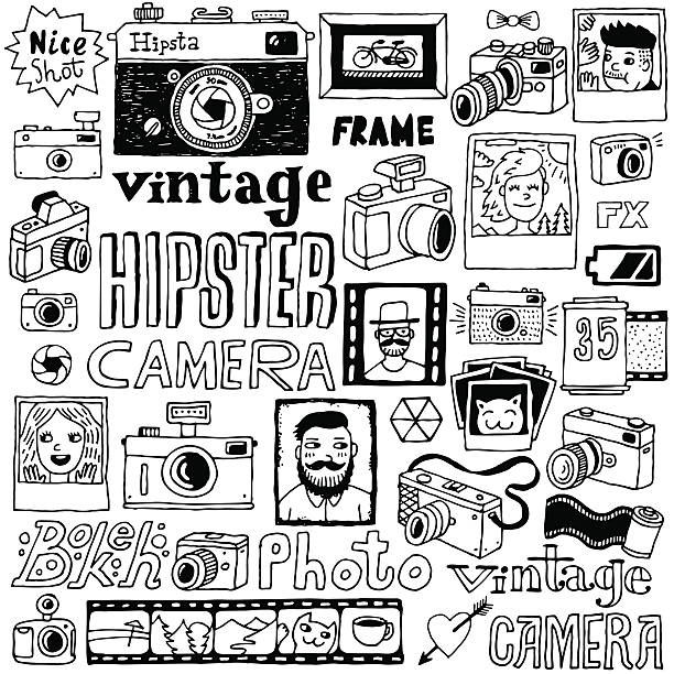hipsterské kamery doodle ručně kreslené vektorové sady. - kreslení pohyb fotky stock ilustrace