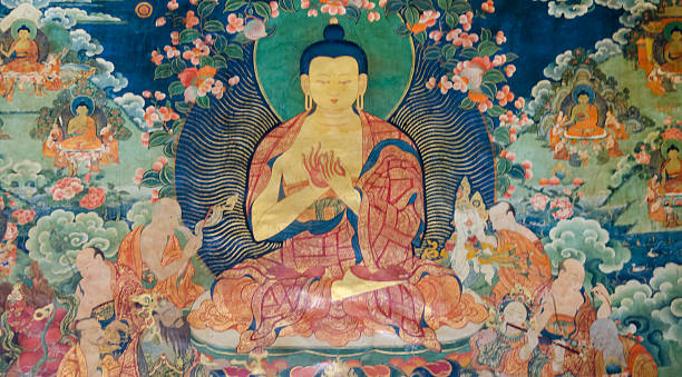 tibetan parete all'aperto - buddha image foto e immagini stock