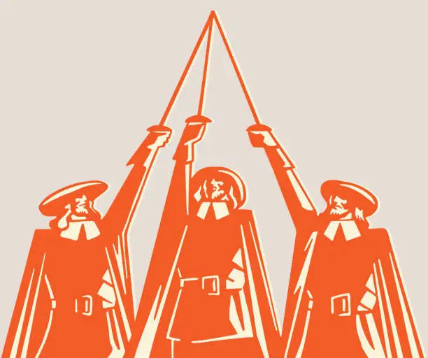 Vector illustration of Three Musketeers Raising Swords