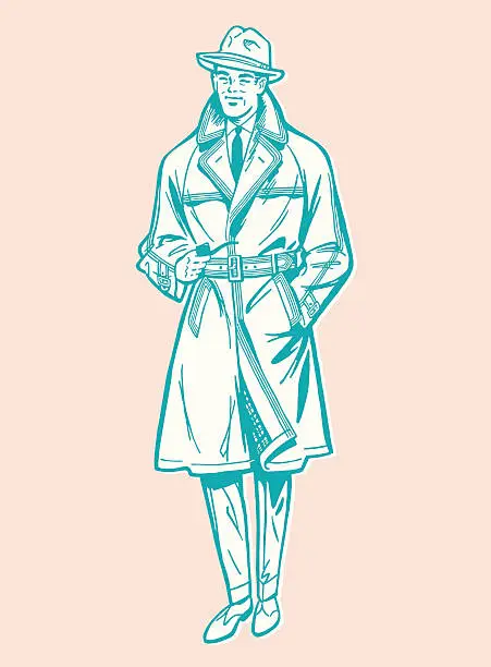 Vector illustration of Man Wearing Hat and Trench Coat