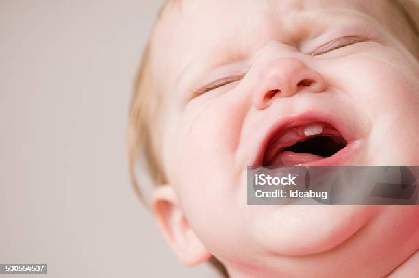Crying Baby Suffering Through Pain Of Teething Stock Photo - Download Image Now - Baby - Human Age, Teething Toy, Human Teeth