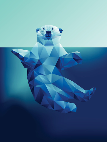 Color abstract vector geometric polygon polar bear floating in blue waters. EPS10 vector file. Global warming is rapidly melting the arctic ice causing many problems for the polar bears including reduced access to food, lower cub survival rates, increase in drowning, increase in cannibalism, loss of access to denning areas
