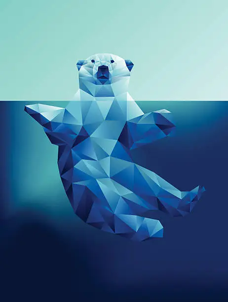 Vector illustration of Vector floating polar bear in blue waters polygon geometric