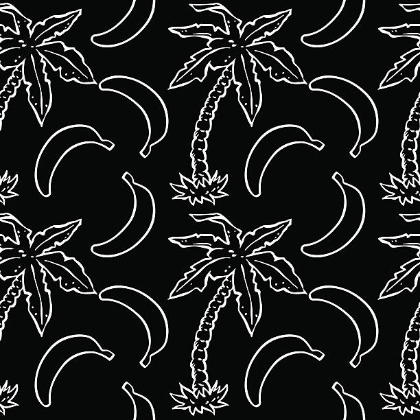 ilustrações, clipart, desenhos animados e ícones de sem costura padrão com palmeiras de coco e bananas - nature black and white leaf black background