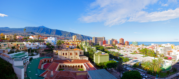 View of the city Puerto de la Cruz, Tenerife / Spain, in the back  Mount Teide,  December 2012,