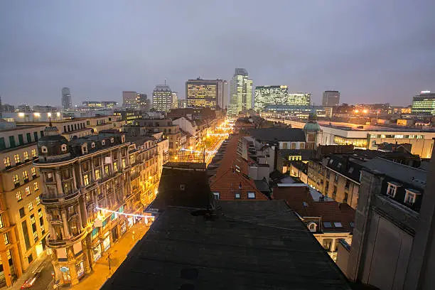 brussel cityview with skyscrapers at night in belgium